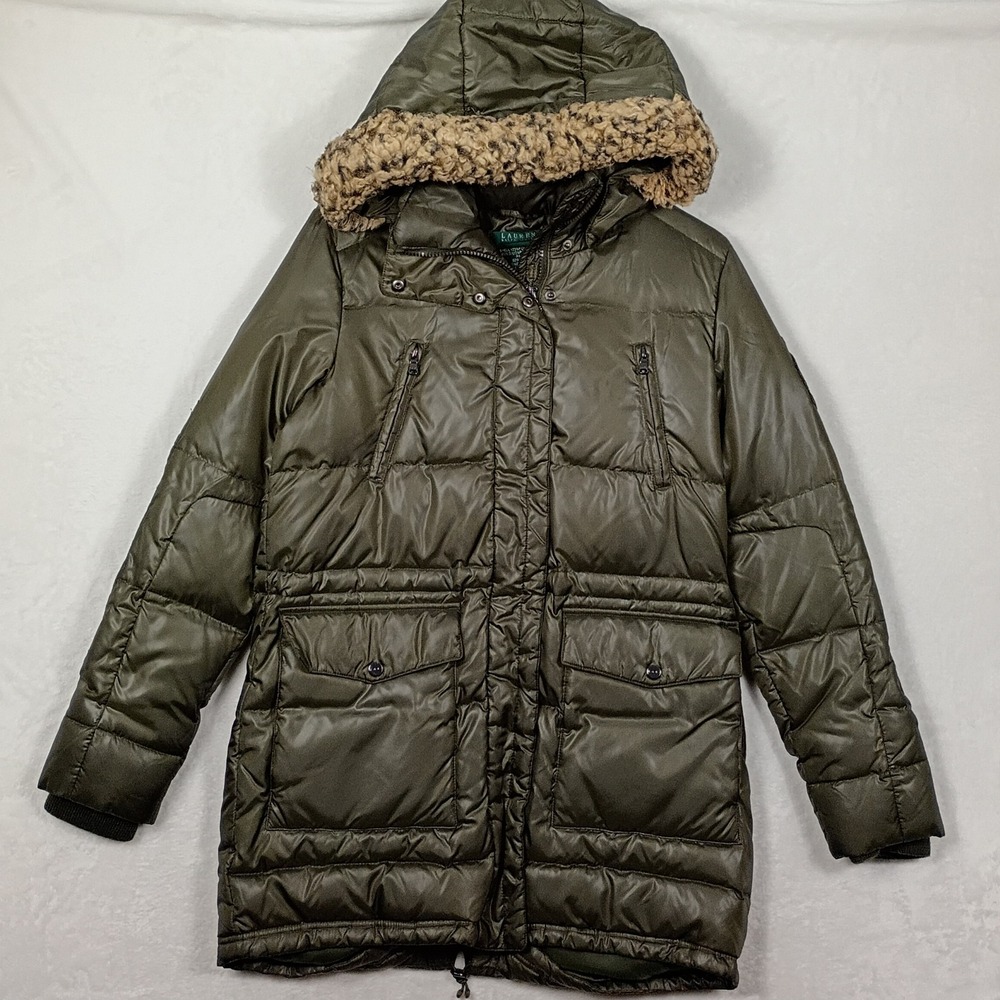 Lauren Ralph Lauren Puffer Parka Womens M Olive Green Down Hooded Jacket Winter